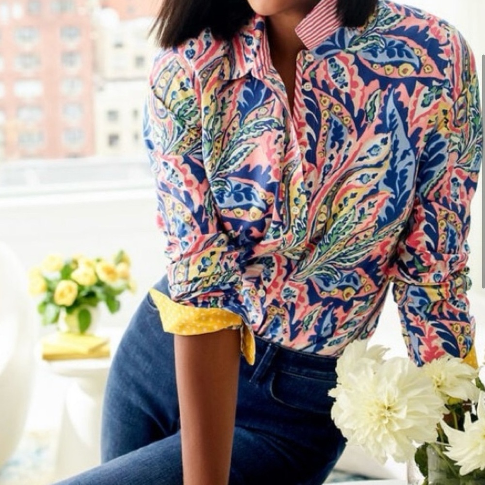 TALBOTS COTTON BUTTON FRONT SHIRT - BOTANICAL PAISLEY